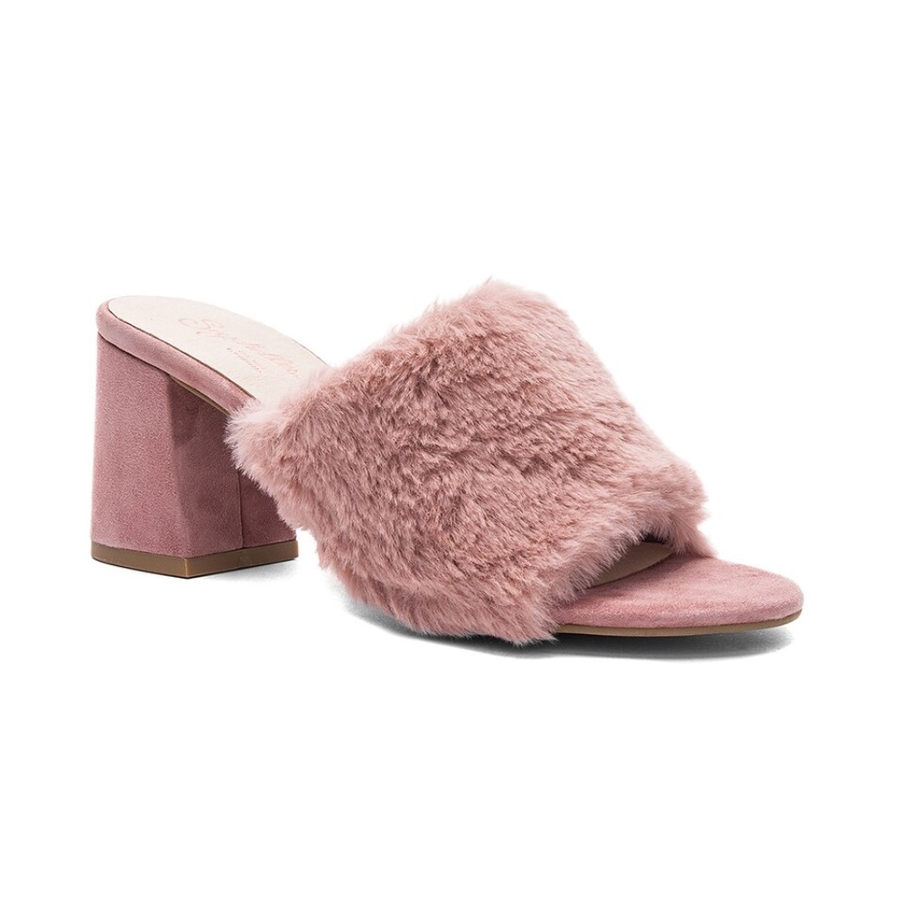 NWOB Seychelles Nobody Else Faux Fur Heels in Blush Pink Open Toe Block Heel 7